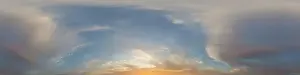 Panorama of a dark blue sunset sky with golden Cumulus clouds