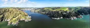 River Dart Prints: Panorama of Dartmouth Castle and Kingswear Castle over River Dart from a drone