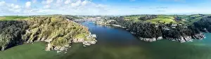 River Dart Prints: Panorama of Dartmouth Castle and Kingswear Castle over River Dart from a drone