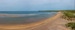 County Mayo Prints: Panorama drone landscape view of the beautiful golden sand beach at Lacken Strand on the coast of No
