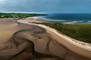 County Mayo Prints: Panorama drone landscape view of the beautiful golden sand beach at Lacken Strand on the coast of No