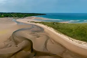 Panorama drone landscape view of the beautiful golden sand beach at Lacken Strand on the coast of No