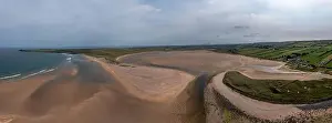 County Mayo Prints: A panorama drone landscape view of the beautiful golden sand beach at Lacken Strand on the coast of North Mayo
