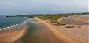 County Mayo Prints: A panorama drone landscape view of the beautiful golden sand beach at Lacken Strand on the coast of North Mayo