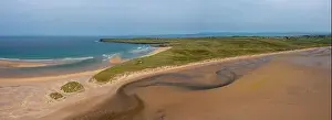 Panorama drone landscape view of the beautiful golden sand beach at Lacken Strand on the coast of North Mayo in Ireland