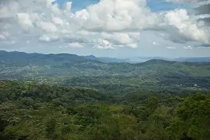 Observation Tower Prints: Panorama drone shot over rainforest on Flores with green hills in background