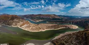 A panorama drone view of the Kardzhali reservoir and Arda River Bends in Bulgaria