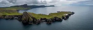 Panorama drone view of the Neist Point Lighthouse and the Minch on the western coast of Isle of Skye