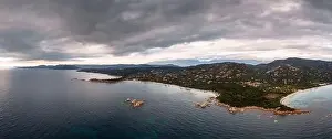 panorama drone view of Palombaggia Beach and hilly coastline in southeastern Corsica