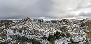 Pietrapertosa Prints: panorama drone view of Pietrapertosa in the piccolo Dolomiti region of southern Italy in winter