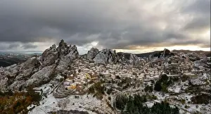 panorama drone view of Pietrapertosa in the piccolo Dolomiti region of southern Italy in winter