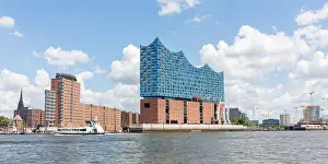 Reddish Prints: Panorama with Elbphilharmonie and Elbe river. Landmark of Hamburg