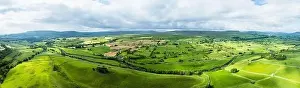 Staycation Prints: Panorama of Farms and Fields over Yorkshire Dales National Park from a dron