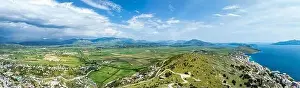 Albanian Prints: Panorama of Fields and Mountains from a drone over Lekursi Castle on Lekursi Hill over Saranada