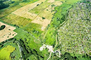 Water Transportation Prints: Panorama of green areas view from above. Meadows, pastures, farmland top view
