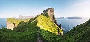Images Dated 11th August 2019: Panorama of green faroese hills and Kallur lighthouse on Kalsoy island, Faroe islands, Denmark