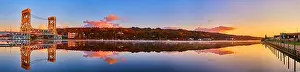 Landscape Park Prints: Panorama of Houghton harbor with lift bridge and glassy river surface and docks in the fall