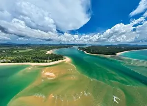 Drone Landscape Prints: Panorama image Aerial view drone shot of Tropical sea with sarasin bridge in Phuket thailand