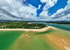Drone Landscape Prints: Panorama image Aerial view drone shot of Tropical sea with sarasin bridge in Phuket thailand