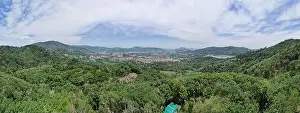 Panorama landscape Aerial view drone shot of scenery mountain range tropical rainforest in thailand