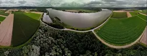 Panorama landscape from the air in the Bavarian Danube area with cloudy summer sky