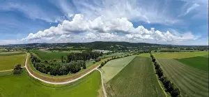 Panorama landscape from the air in the Bavarian Danube area with cloudy summer sky