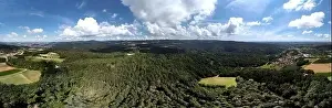 Danube River Prints: Panorama landscape from the air in the Bavarian Danube area with cloudy summer sky
