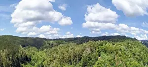 Danube River Prints: Panorama landscape from the air in the Bavarian Danube area with cloudy summer sky