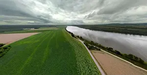 Danube River Prints: Panorama landscape from the air in the Bavarian Danube area with cloudy summer sky