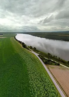 Panorama landscape from the air in the Bavarian Danube area with cloudy summer sky