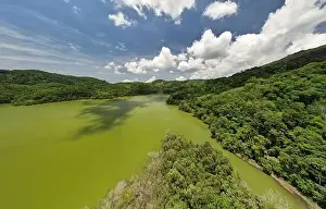 White Cloud Prints: Panorama landscape nature lake or pond Aerial view drone shot of scenery mountain green tropical rainforest
