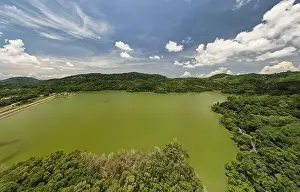 Panorama landscape nature lake or pond Aerial view drone shot of scenery mountain green tropical rainforest