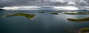 Westport Prints: panorama landscape of the sunken drumlin islands of Clew Bay in County Mayo of western Ireland under an overcast sky