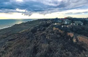Landslide Prints: Panorama of a landslide of the Black Sea coast line with destroyed houses near the village of Fontanka of Odessa