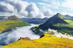 Images Dated 3rd August 2019: Panorama over majestic sunny fjords of Funningur, Eysturoy island, Faroe Islands