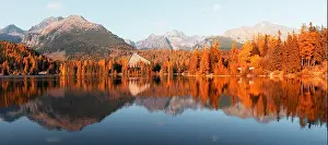 Rock Beauty Prints: Panorama of mountain lake Strbske pleso (Strbske lake) in autumn time, Slovakia