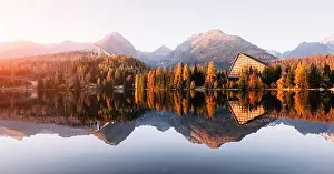 Panorama of mountain lake Strbske pleso (Strbske lake) in autumn time. High Tatras national park, Slovakia. Landscape photography