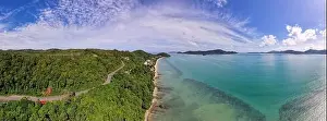 Panorama mountains view with sea surface water background