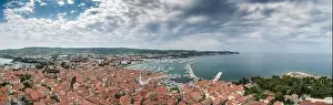Sunrise Beach Prints: Panorama photo from Izola on Slovenian adriatic coast in morning sunrise
