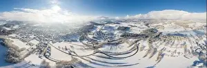 Bavarian Forest Prints: Panorama picture of town Grafenau and village Grueb in Bavarian forest with mountains landscape in winter with snow