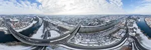 Upper Palatinate Prints: Panorama of Regensburg city in Bavaria with the river Danube the cathedral and the stone bridge in winter with snow