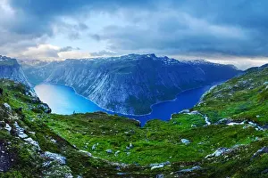 Panorama of Ringedalsvatnet lake near Trolltunga rock - most spectacular and famous scenic cliff in Norway