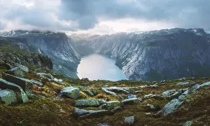 Landscape Prints: Panorama of Ringedalsvatnet lake near Trolltunga rock - most spectacular and famous scenic cliff in Norway