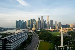 Panorama of Singapore business district skyline and Singapore skyscraper with War Memorial Park in morning at Marina Bay, Singapore