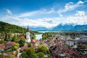Bern Prints: Panorama of Thun city in the canton of Bern with Alps and Thunersee lake, Switzerland
