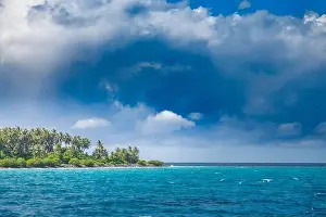 Sand Island Prints: Panorama of tropical island with coconut palm trees on sandy beach. Maldives, Indian Ocean