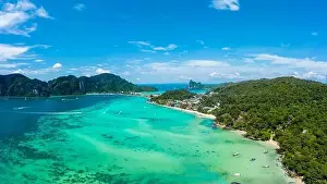 Panorama of tropical islands Phi Phi Don and Phi Phi Leh in sea