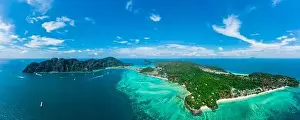 Panorama of tropical islands Phi Phi Don and Phi Phi Leh in sea