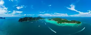 Panorama of tropical islands Phi Phi Don and Phi Phi Leh in sea