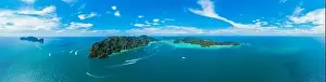Panorama of tropical islands Phi Phi Don and Phi Phi Leh in sea
